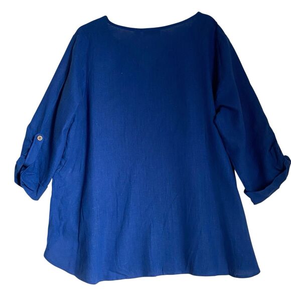 Susan Graver Pure Linen Top Tunic 1XP Blue Round Neck Roll Tab Sleeve Relaxed - Picture 2 of 8